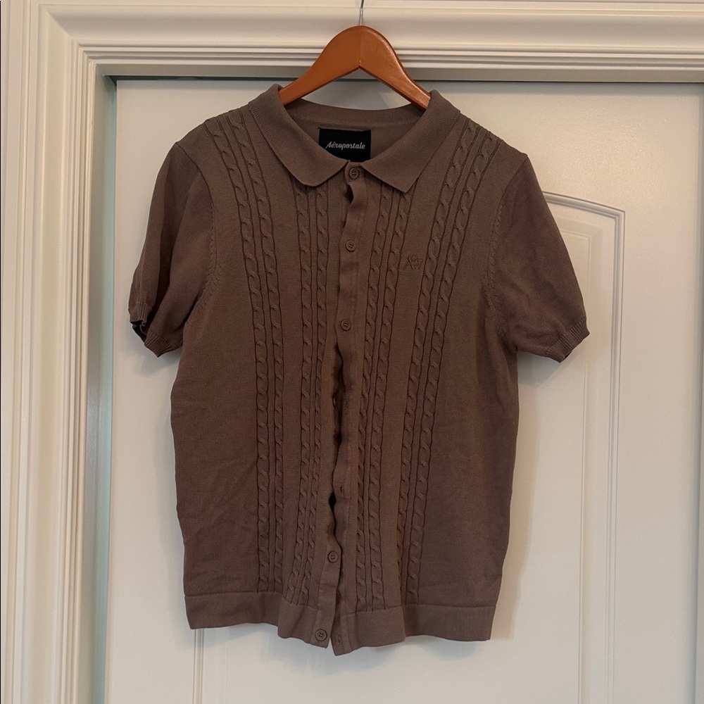 Aeropostale Men's Brown Cable-Knit Polo Shirt